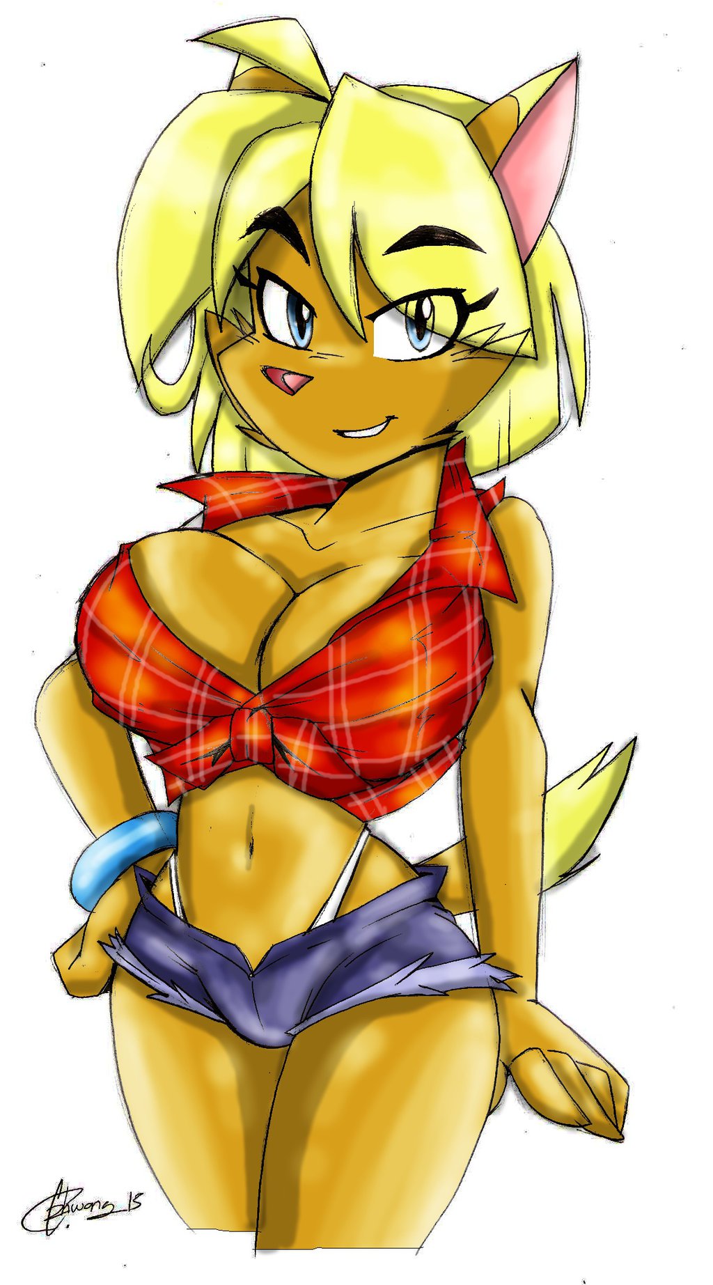 2015 akatsukishiranui-fox big_breasts blonde_hair breasts canine cleavage clothed clothing denim dingo dog female grin hair huge_breasts ineffective_clothing inviting looking_at_viewer mammal shazza shirt shorts signature simple_background solo teeth thong ty_the_tasmanian_tiger white_background