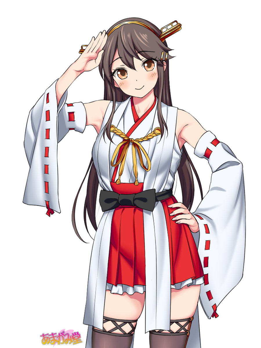 aida_takanobu amagamido bare_shoulders blush brown_eyes brown_hair commentary_request cosplay detached_sleeves hair_ornament hairband hairclip hand_on_hip haru_(amagamido) haruna_(kantai_collection) haruna_(kantai_collection)_(cosplay) highres kantai_collection long_hair looking_at_viewer nontraditional_miko original ribbon-trimmed_sleeves ribbon_trim salute she_holds_my_weakness sidelocks skirt smile solo thighhighs zettai_ryouiki