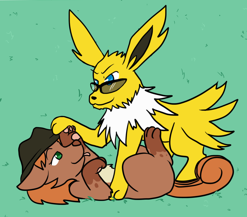 3_toes all_fours ambiguous_gender blue_eyes chest_tuft cute eeveelution eye_contact eyewear fedora fiona_(artist) fur glasses green_eyes hat jolteon lying nintendo on_back on_top orange_fur pok&eacute;mon toes tongue tongue_out tuft video_games vulpix yellow_fur