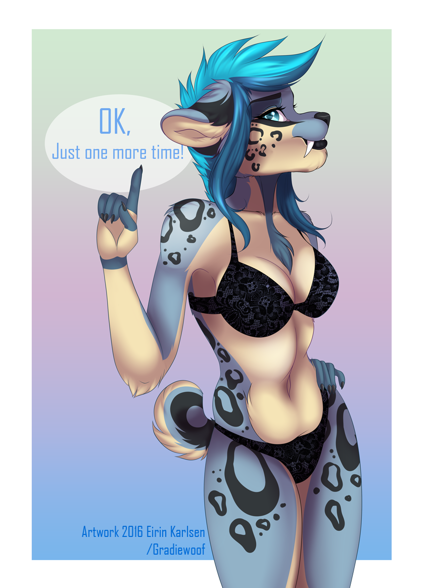 2016 5_fingers anthro black_nose blue_eyes blue_fur blue_hair bra clothing english_text eyelashes feline female fur gradiewoof hair mammal midriff navel panties saber-toothed_cat simple_background solo spots spotted_fur standing text underwear white_fur