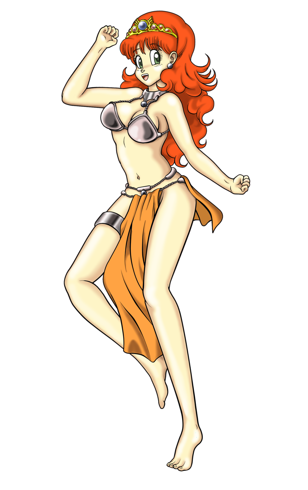 :d alternate_costume bangs barefoot bikini_top breasts choker dancer dancer's_costume_(dq) dragon_quest dragon_quest_i earrings full_body green_eyes highres jewelry leg_up loincloth long_hair metal_bra open_mouth orange_hair princess princess_laura professormegaman smile solo thigh_strap tiara transparent_background