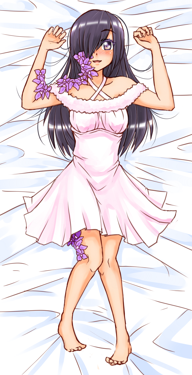 1girl bare_shoulders barefoot bed_sheet black_eyes black_hair blush commentary dakimakura dress english_commentary eyebrows_visible_through_hair flower full_body hair_over_one_eye hands_up highres ikezawa_hanako katawa_shoujo long_hair looking_at_viewer lying on_back parted_lips smile solo twrlare white_dress