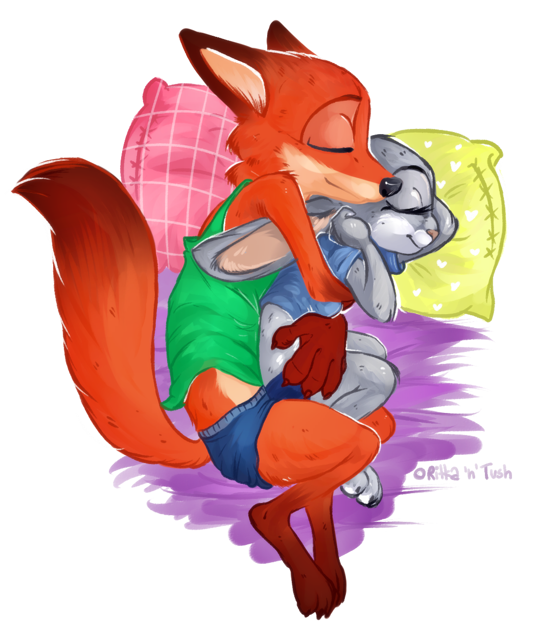 2016 3_toes anthro bed bird's-eye_view canine claws clothing cuddling cute digital_media_(artwork) dipstick_tail disney duo embrace eyes_closed female fox fur gloves_(marking) hi_res high-angle_view judy_hopps lagomorph larger_male long_ears lying male mammal markings midriff multicolored_tail nick_wilde on_bed on_side panties pillow rabbit ritka shirt shorts simple_background size_difference sleeping smaller_female smile socks_(marking) spooning toe_claws toes tush underwear zootopia