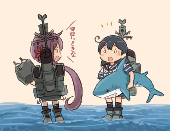 2girls ahoge akebono_(kantai_collection) black_hair blank_eyes blush_stickers carrying carrying_overhead chibi comic commentary_request hair_between_eyes inflatable_toy kantai_collection long_hair multiple_girls open_mouth otoufu pink_background pleated_skirt purple_hair rigging school_uniform serafuku shark short_sleeves side_ponytail skirt standing standing_on_liquid translation_request turret ushio_(kantai_collection)