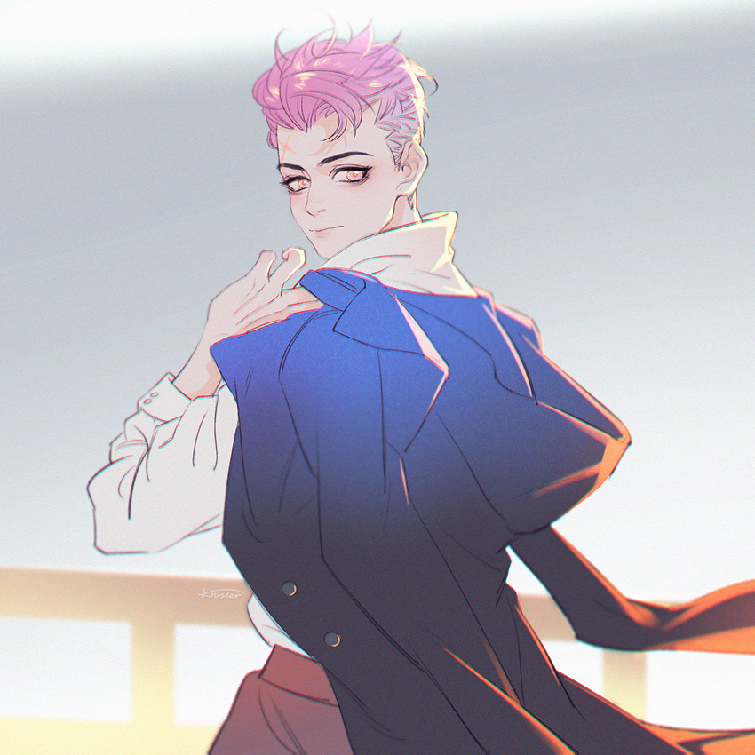 alternate_costume artist_name blue_coat casual closed_mouth coat jacket_on_shoulders krusier long_sleeves looking_at_viewer orange_hair overwatch pink_hair scar shirt short_hair signature solo upper_body white_shirt zarya_(overwatch)