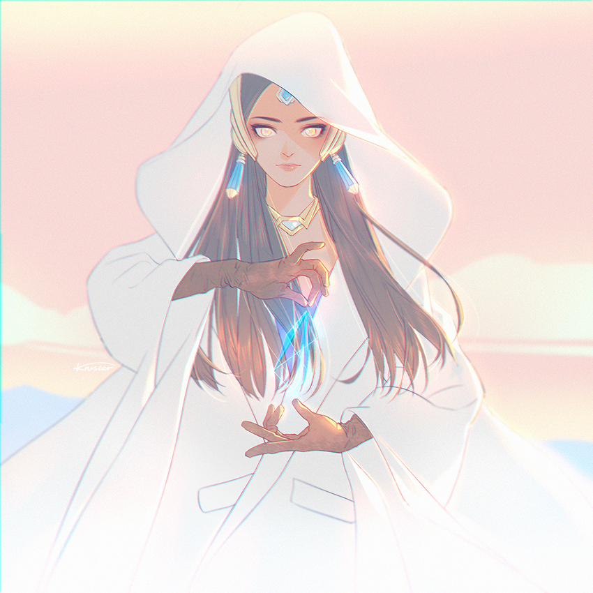 alternate_costume artist_name brown_hair casual closed_mouth dark_skin dress earrings eyelashes forehead_jewel headgear hologram hood hooded_dress jewelry krusier long_hair looking_at_viewer necklace orange_eyes overwatch pink_lips signature solo symmetra_(overwatch) upper_body white_dress