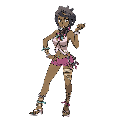 anklet black_hair bracelet commentary earrings elite_four full_body island_kahuna jewelry looking_at_viewer lowres lychee_(pokemon) nail_polish official_art pokemon pokemon_(game) pokemon_sm sandals short_shorts shorts solo standing sugimori_ken toenail_polish transparent_background trial_captain watch