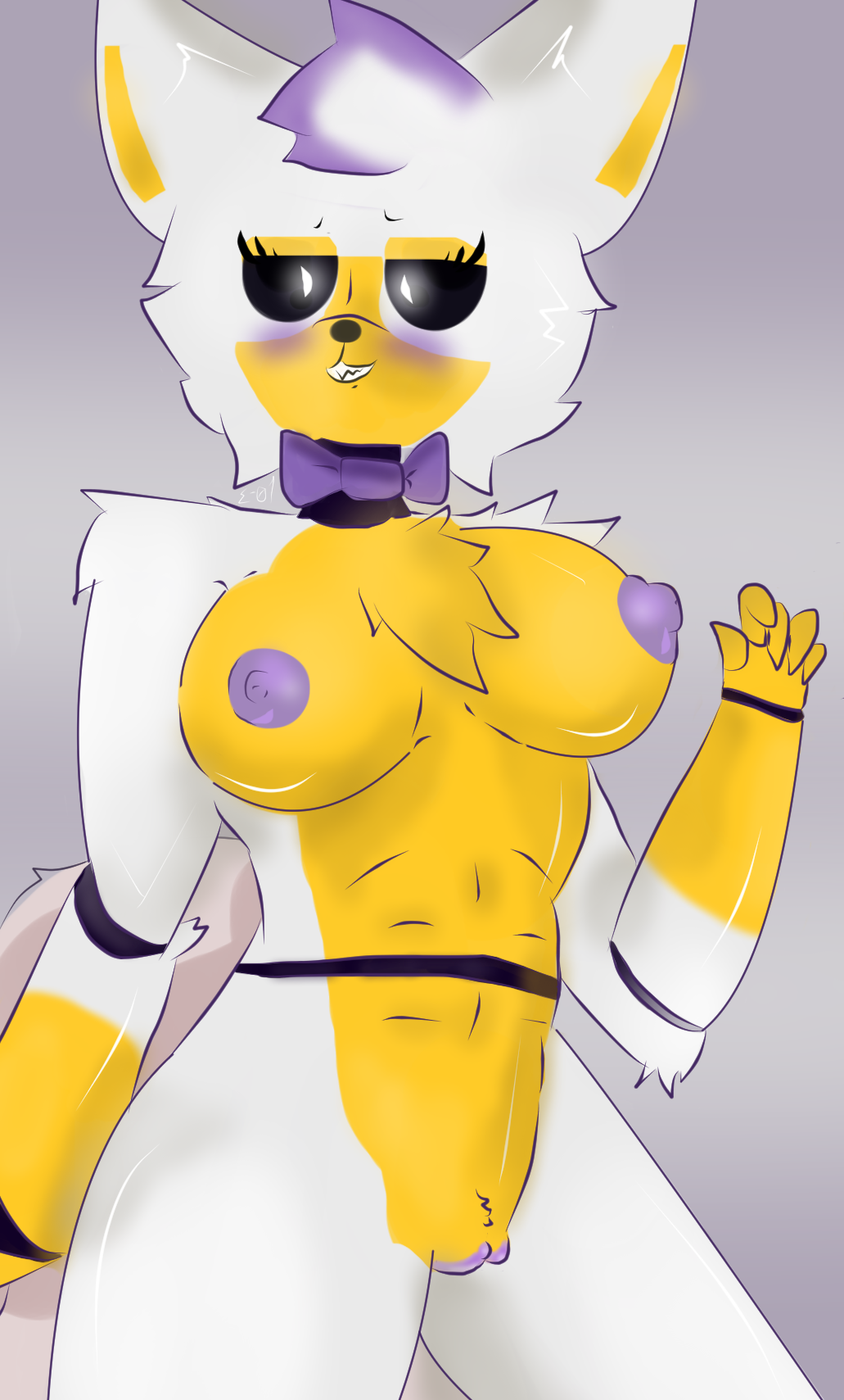 2016 5_fingers abs animatronic anthro areola big_breasts black_nose blush bow_tie breasts canine claws clitoris colored digital_drawing_(artwork) digital_media_(artwork) e-01_(artist) erect_nipples female five_nights_at_freddy's five_nights_at_freddy's_world fox front_view fur glowing glowing_eyes hair lolbit_(fnaf) looking_at_viewer machine mammal multicolored_fur nipples nude orange_fur purple_hair purple_nipples purple_pussy pussy robot shaded simple_background smile solo standing teeth two_tone_fur video_games white_fur