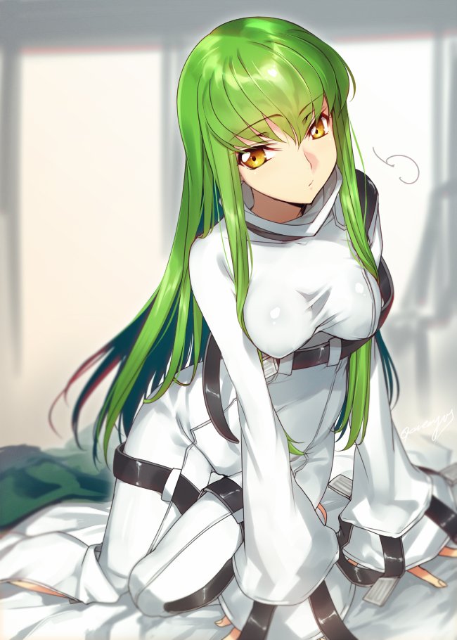 arm_support bangs bodysuit breasts c.c. closed_eyes closed_mouth code_geass commentary_request creayus green_hair indoors kneeling leaning_forward long_hair looking_at_viewer medium_breasts sleeves_past_wrists solo straitjacket white_bodysuit wide_sleeves