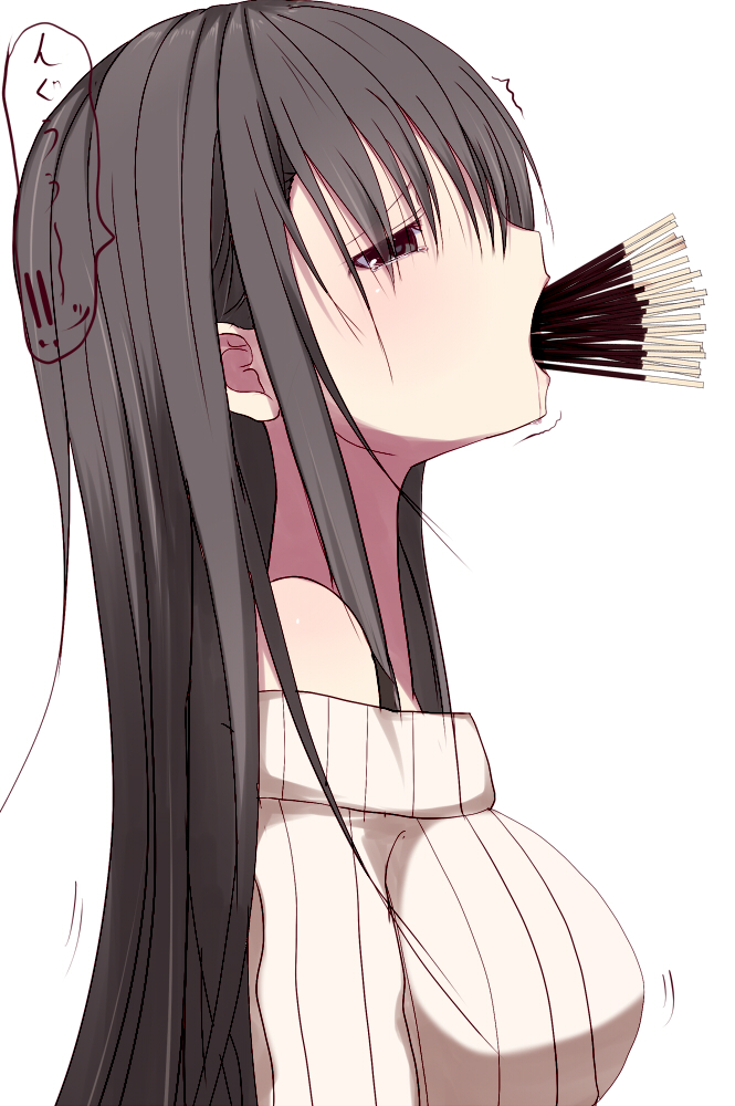 black_eyes black_hair der_(derm9) food full_mouth long_hair original pocky profile simple_background solo tears too_many upper_body white_background