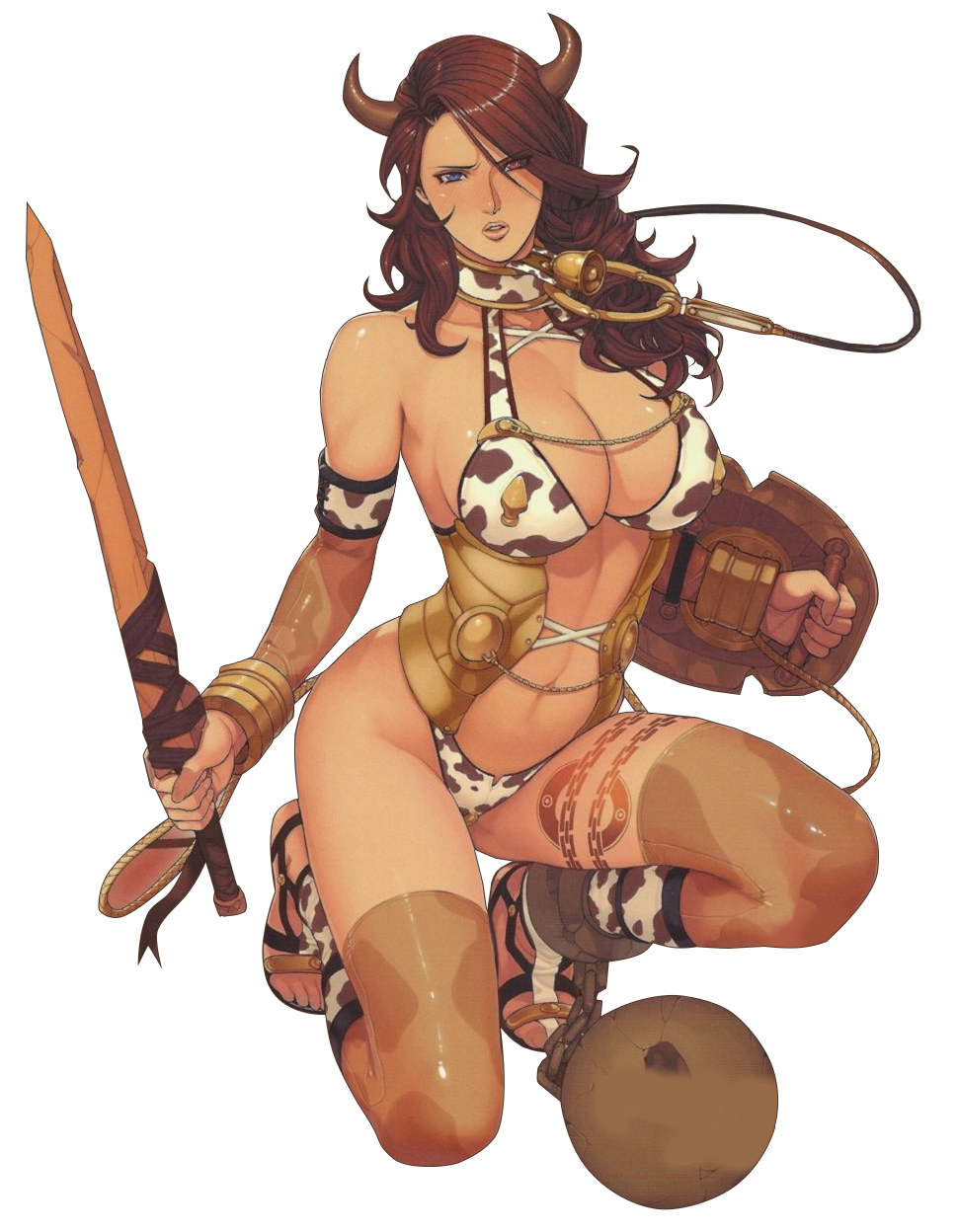 1girl alternate_costume ball_and_chain bdsm bell bell_collar branwen breasts cleavage collar cow_print heterochromia highres horns kneeling large_breasts leash long_hair midriff navel oda_non one_knee queen's_blade queen's_blade_rebellion revealing_clothes sandals scan shield slave solo sword thighhighs weapon
