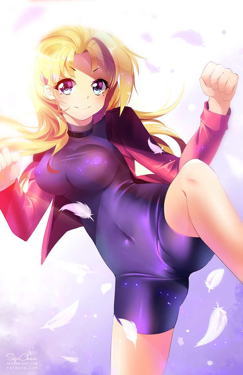artist_name bangs blonde_hair blue_eyes blush bodysuit breasts cameltoe choker clenched_hands closed_mouth collar covered_navel covered_nipples cowboy_shot cropped_jacket eyebrows eyebrows_visible_through_hair eyelashes feathers fighting_stance fuurinji_miu hair_ornament hairclip hands_up highres impossible_clothes jacket large_breasts leg_up long_hair long_sleeves looking_at_viewer mole mole_under_eye open_clothes open_jacket pink_jacket shijou_saikyou_no_deshi_ken'ichi short_eyebrows signature skin_tight smile solo squchan standing standing_on_one_leg taut_clothes turtleneck watermark web_address wide-eyed