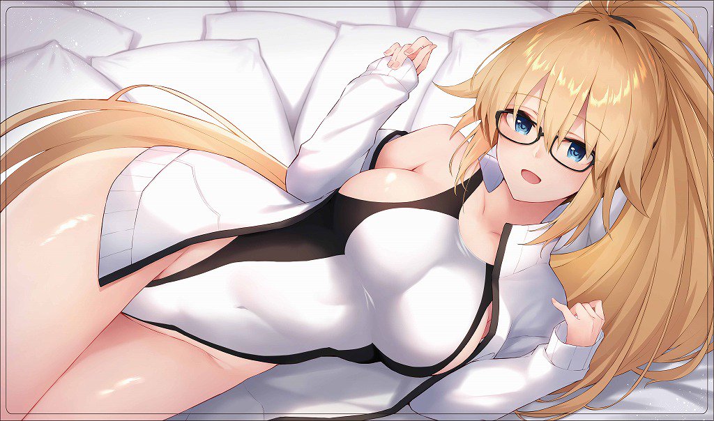 anza_tomo bangs bare_shoulders black-framed_eyewear blush breasts collarbone competition_swimsuit covered_navel fate/grand_order fate_(series) glasses hair_between_eyes highleg highleg_swimsuit hips jacket jeanne_d'arc_(fate)_(all) jeanne_d'arc_(swimsuit_archer) jeanne_d'arc_(fate) jeanne_d'arc_(fate)_(all) jeanne_d'arc_(swimsuit_archer) large_breasts long_hair long_sleeves looking_at_viewer one-piece_swimsuit open_clothes open_jacket open_mouth ponytail smile solo swimsuit thighs very_long_hair white_jacket white_swimsuit