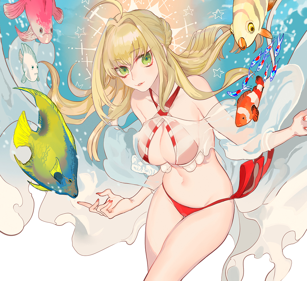 ahoge bikini blonde_hair braid breasts cleavage fate/grand_order fate_(series) fish green_eyes large_breasts long_hair looking_at_viewer nail_polish navel nero_claudius_(fate) nero_claudius_(fate)_(all) nero_claudius_(swimsuit_caster)_(fate) red_bikini red_nails smile solo swimsuit tobi0728