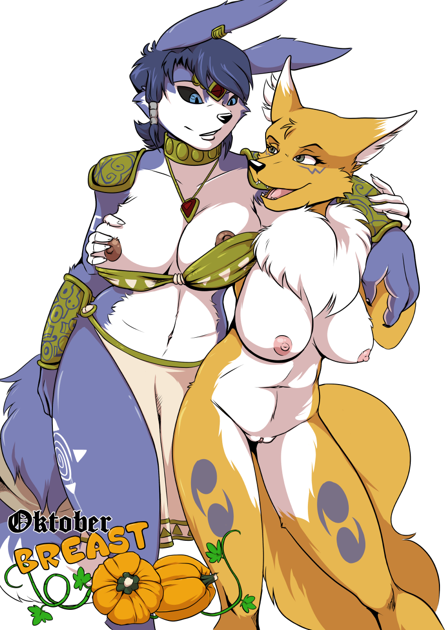 2016 alpha_channel anthro areola big_breasts breast_grab breasts canine crossover digimon duo erect_nipples female fox halloween hand_on_breast holidays krystal mammal nintendo nipples nude pussy renamon smile star_fox video_games yawg