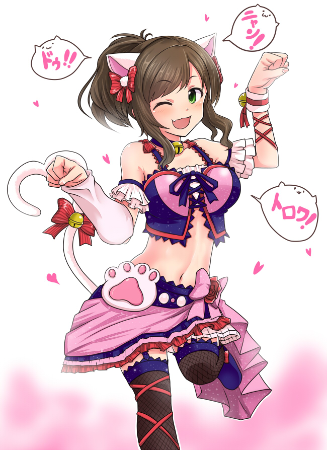 animal_ears brown_hair cat_ears cat_tail commentary_request fang green_eyes idolmaster idolmaster_cinderella_girls idolmaster_cinderella_girls_starlight_stage maekawa_miku momoda_yasuhito navel one_eye_closed open_mouth paw_pose short_hair solo tail thighhighs