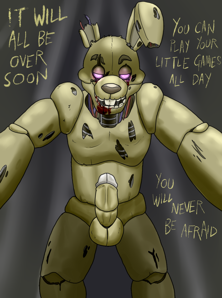animatronic blueballs damaged facing_viewer five_nights_at_freddy's glowing glowing_eyes lagomorph machine male mammal penis rabbit robot solo springtrap user_death_imminent video_games
