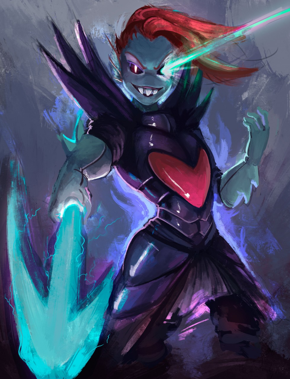 2016 5_fingers anthro aoshi7 armor clothed clothing digital_drawing_(artwork) digital_media_(artwork) fangs female fish grin hair hi_res holding_object holding_weapon looking_at_viewer marine melee_weapon red_hair smile solo standing teeth undertale undyne undyne_the_undying video_games weapon
