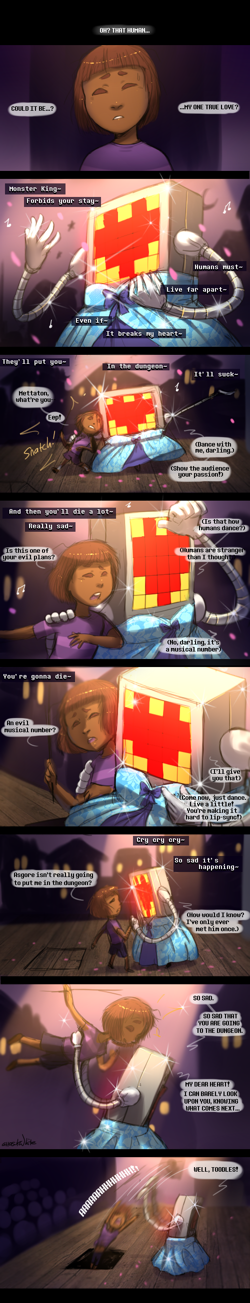 ! ... 2016 ? absurd_res anthro atlas-white brown_hair clothed clothing comic dialogue digital_media_(artwork) dress duo duo_focus english_text eyes_closed group hair hi_res human inside machine male mammal mettaton nervous open_mouth protagonist_(undertale) robot signature smile speech_bubble stage teeth text trap_door undertale video_games what