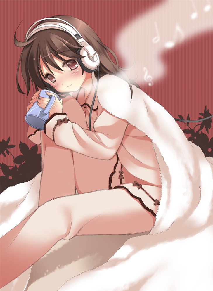 bad_id bad_pixiv_id bangs blanket blush bow brown_eyes brown_hair cable cup eighth_note eyebrows_visible_through_hair from_side hair_between_eyes half_note headphones long_hair long_sleeves looking_at_viewer looking_to_the_side mug musical_note original pajamas pan_(mimi) smile solo steam striped striped_background treble_clef vertical-striped_background vertical_stripes