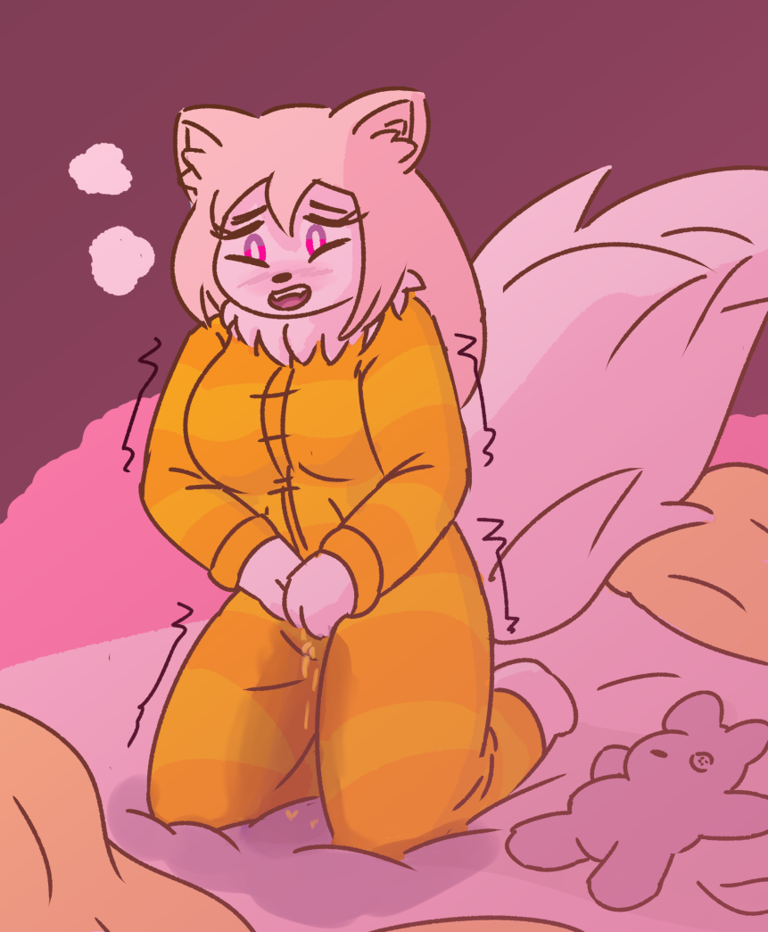 2015 anthro bed bedwetting blush breasts clothed clothing digital_media_(artwork) eyelashes feline female fur hair kneeling long_hair looking_down mammal on_bed open_mouth pajamas peeing pillow pink_eyes plushie shaking solo teeth tinycatmom urine wetting