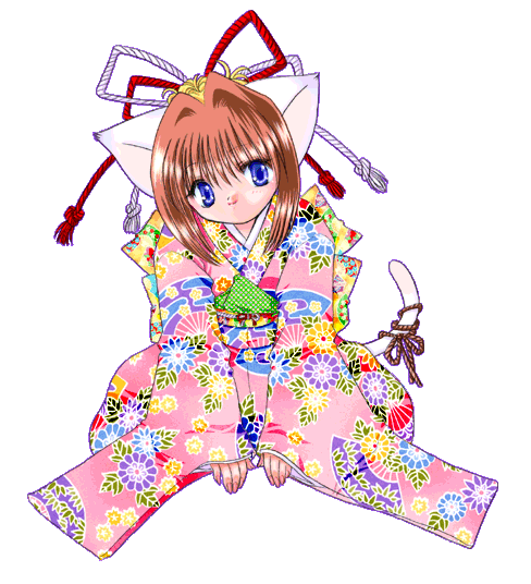 animal_ears animated animated_gif blue_eyes blush blushing bow brown_hair cat_ears gif japanese_clothes kimono nekomimi rope short_hair