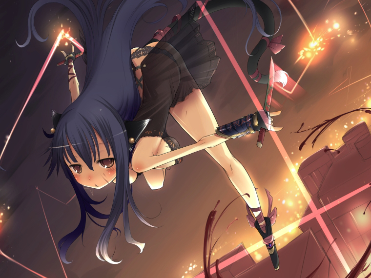 animal_ears bare_shoulders bent_over black_footwear black_hair black_panties boots cat_ears foreshortening full_body glowing kawahara_megumi knee_boots lace lace-trimmed_panties legs light light_rays long_hair looking_at_viewer original outstretched_arms panties sidelocks solo thighs underwear very_long_hair