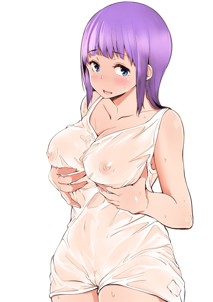 blue_eyes blush breast_lift breasts cleavage cleft_of_venus collarbone covered_nipples eyebrows_visible_through_hair gensokigou long_hair looking_at_viewer medium_breasts nipples open_mouth original purple_hair see-through shirt simple_background solo tank_top wet wet_clothes wet_shirt white_background