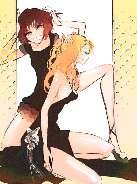 arm_at_side artist_request backless_dress backless_outfit bad_id bad_pixiv_id bangs bare_shoulders black_dress blonde_hair bow breasts brown_hair cleavage closed_eyes closed_mouth collarbone dress eyebrows eyebrows_visible_through_hair frills hand_in_hair hand_on_another's_head high_heels kneeling long_hair looking_up mawaru_penguindrum medium_breasts multiple_girls oginome_ringo open_mouth orange_eyes parted_bangs resized ribbon see-through short_hair sideboob small_breasts standing teeth tokikago_yuri white_ribbon