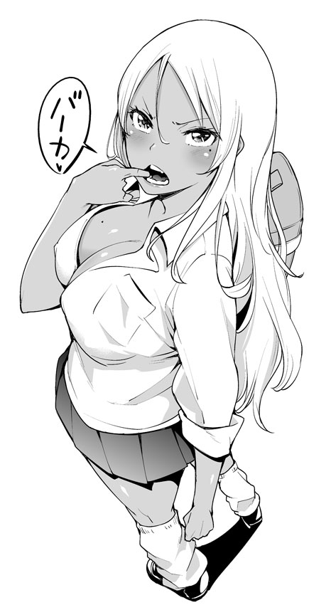 bag blush breasts cleavage collared_shirt dress_shirt duffel_bag from_above full_body ganguro gensokigou greyscale hair_between_eyes heart large_breasts long_hair looking_back looking_up loose_socks mole mole_on_breast mole_under_eye monochrome mouth_pull original pleated_skirt shirt skirt socks solo speech_bubble standing translation_request very_long_hair wing_collar