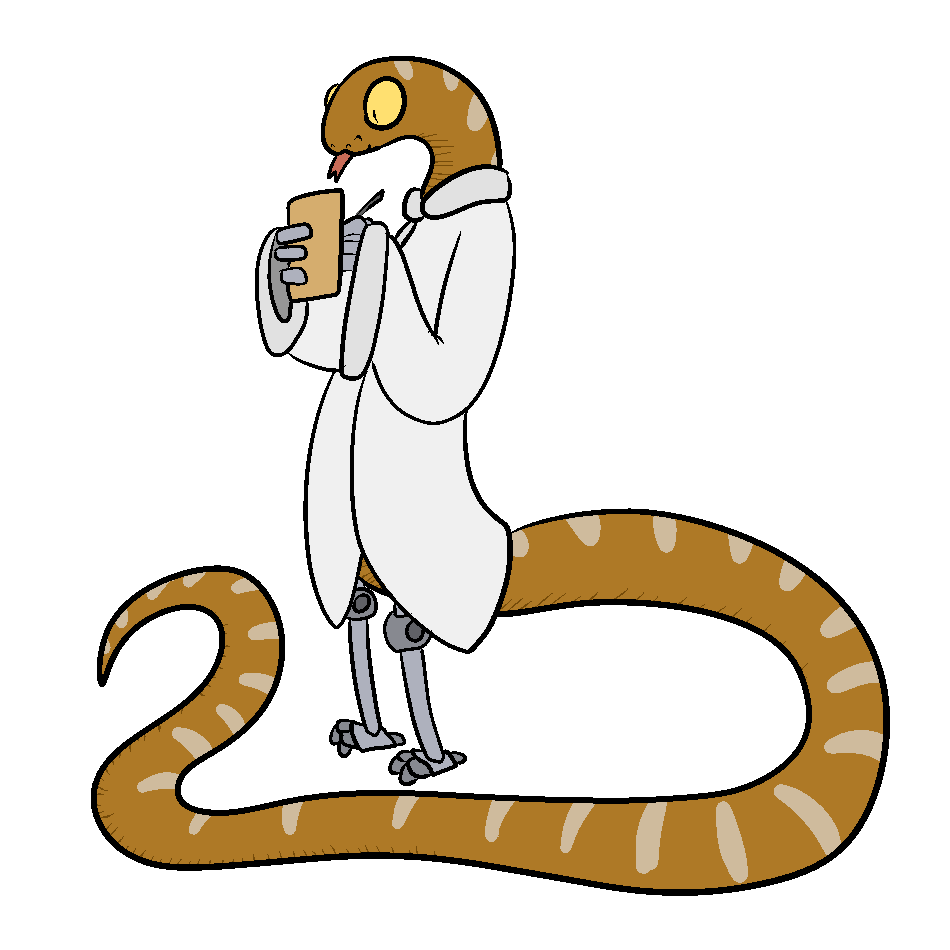 ambiguous_gender asp bionic_arm bionic_leg feral lab_coat reptile scalie simple_background slit_pupils snake solo tongue tongue_out trout_(artist) white_background yellow_eyes