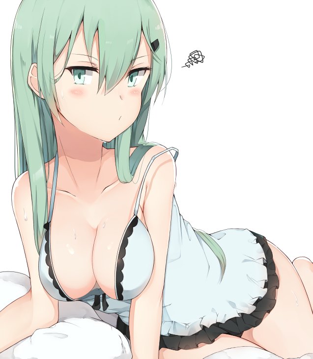 alternate_costume aqua_eyes aqua_hair bare_shoulders breasts cleavage closed_mouth cole collarbone commentary eyebrows hair_between_eyes hair_ornament hairclip kantai_collection large_breasts long_hair looking_at_viewer simple_background solo strap_slip suzuya_(kantai_collection) white_background