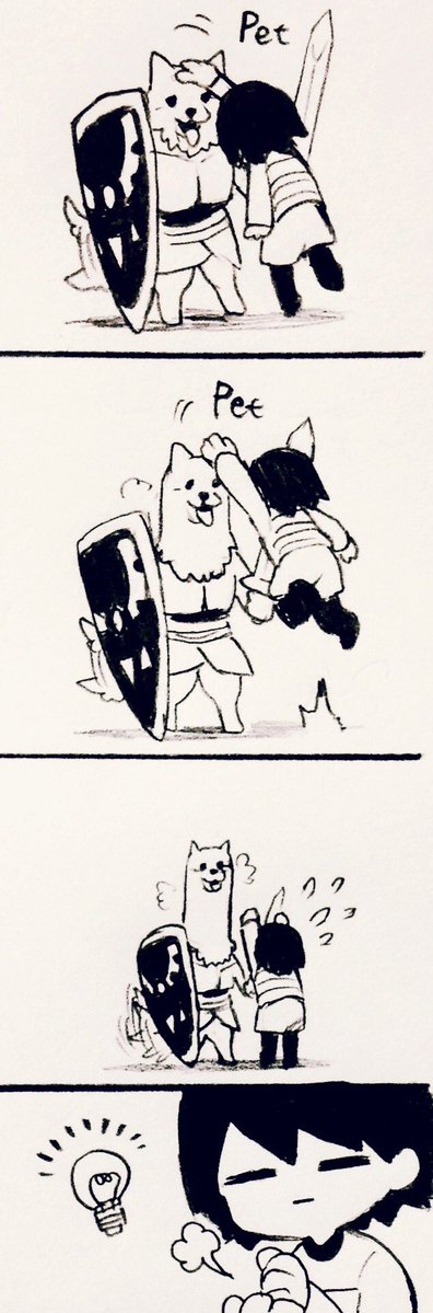 anthro armor bbdanbb black_and_white canine clothed clothing comic dog duo english_text eyes_closed fur hair human lesser_dog lightbulb mammal melee_weapon monochrome protagonist_(undertale) shield simple_background sword text undertale video_games weapon