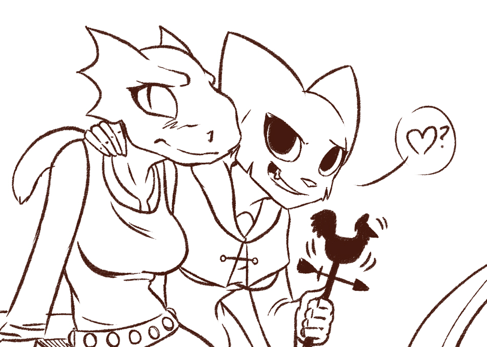 &lt;3 2014 ? anthro argonian black_and_white blush cat clothed clothing duo ear_frills feline female frill katia_managan khajiit mammal monochrome oblivion plagueofgripes prequel quill-weave scales scalie simple_background smile the_elder_scrolls video_games weathervane white_background