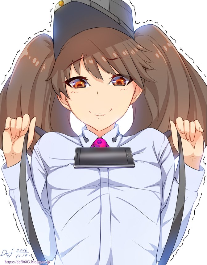 2016 backlighting balancing breasts brown_eyes brown_hair cellphone covered_nipples dated def_(chronowarld) eyebrows eyebrows_visible_through_hair kantai_collection long_hair looking_down magatama no_bra object_on_breast orange_eyes phone ryuujou_(kantai_collection) signature small_breasts smartphone smile solo suspenders tawawa_challenge trembling twintails upper_body visor_cap watermark wavy_mouth web_address