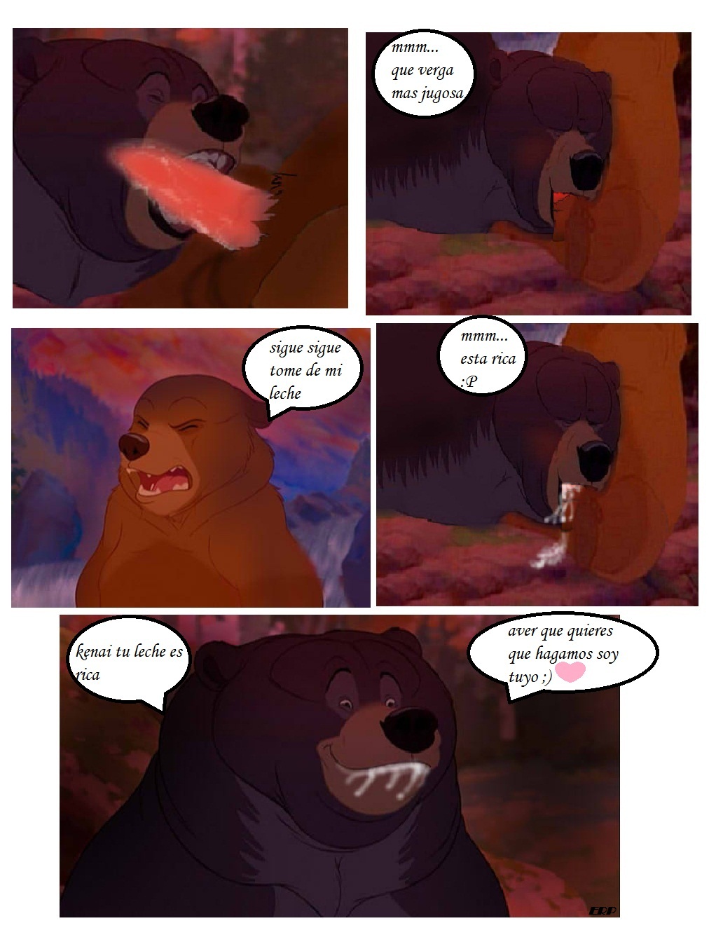 bear big_dom_small_sub brother_bear brown_eyes comic edit fellatio forced kenai larger_male male mammal oral screencap sex size_difference smaller_male spanish_text text tug_(brother_bear) waterfall