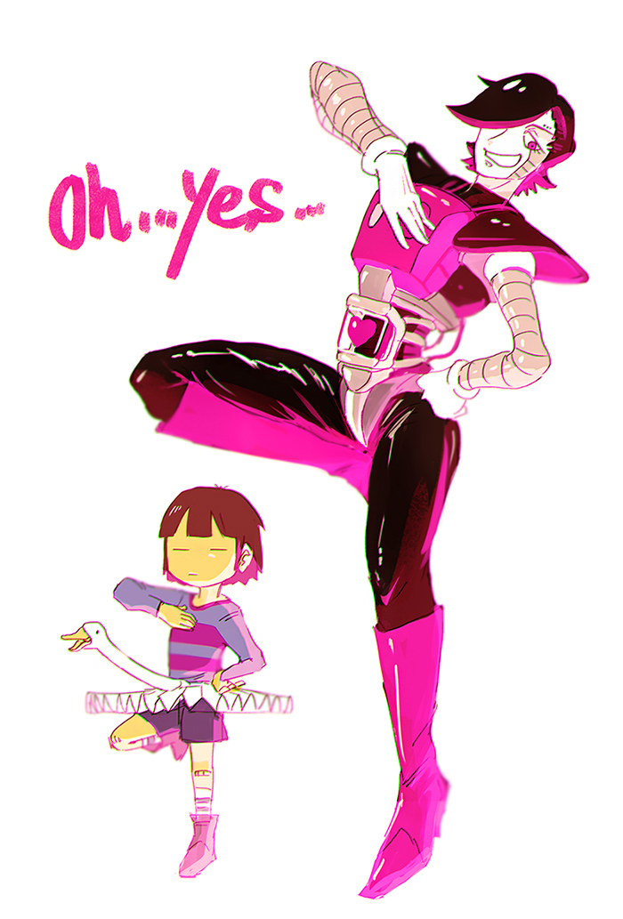 =_= androgynous android bandages black_hair brown_hair english frisk_(undertale) full_body gloves grin hand_on_own_chest hscatter leg_up looking_at_viewer mettaton mettaton_ex pink_eyes shirt simple_background smile striped striped_shirt tutu undertale white_background white_gloves yellow_skin