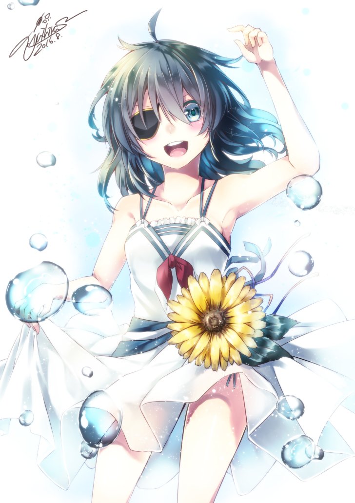 ahoge alternate_costume arm_up armpits artist_name bad_id bad_twitter_id blue_background blue_eyes bubble collarbone commentary_request dated dress dress_lift eyepatch flower green_hair hair_between_eyes kantai_collection kiso_(kantai_collection) looking_at_viewer open_mouth short_hair simple_background solo sundress sunflower teeth yuihira_asu