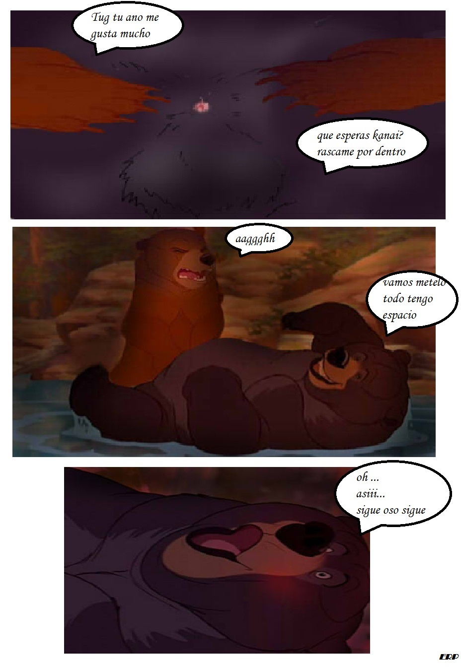 bear big_dom_small_sub brother_bear brown_eyes comic edit fellatio forced kenai larger_male male mammal oral screencap sex size_difference smaller_male spanish_text text tug_(brother_bear) waterfall