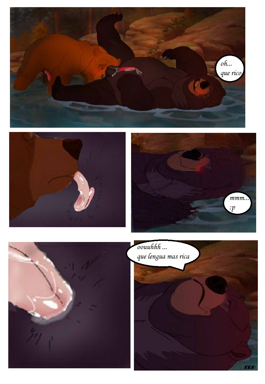 bear big_dom_small_sub brother_bear brown_eyes comic edit fellatio forced kenai larger_male male mammal oral screencap sex size_difference smaller_male spanish_text text tug_(brother_bear) waterfall