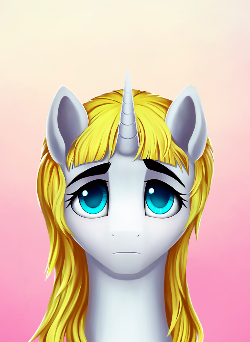 blonde_hair blue_eyes equine eyebrows eyelashes female feral hair horn l1nkoln looking_at_viewer mammal simple_background solo unicorn