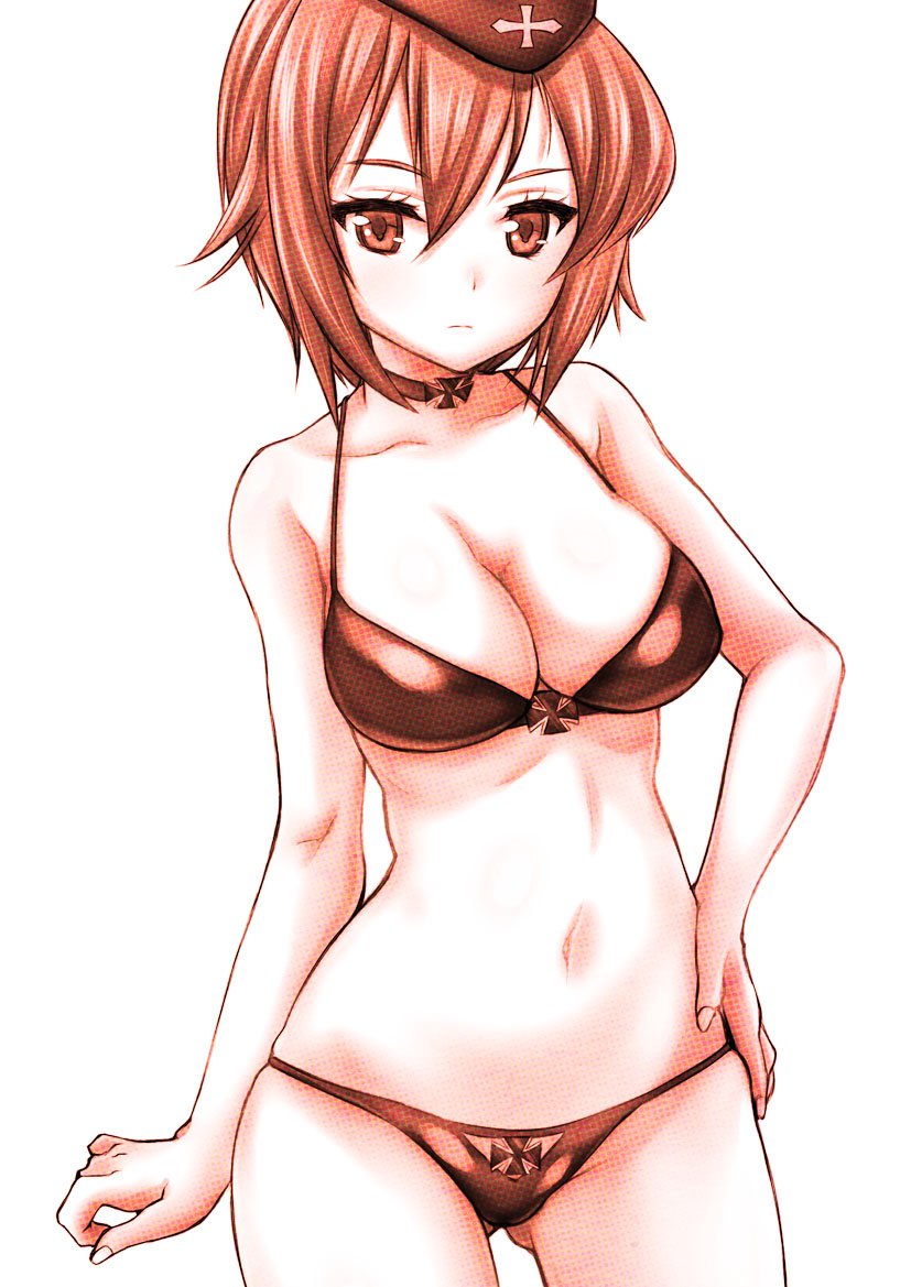 :| alternate_costume ass_visible_through_thighs bangs bare_arms bare_shoulders bikini breasts brown brown_eyes brown_hair choker cleavage closed_mouth collarbone commentary_request cowboy_shot dithering expressionless eyebrows garrison_cap girls_und_panzer hair_between_eyes hand_on_hip hat hips iron_cross looking_at_viewer medium_breasts military_hat monochrome navel nishizumi_maho parted_bangs shiromitsu_suzaku short_hair simple_background skindentation solo standing stomach swimsuit white_background