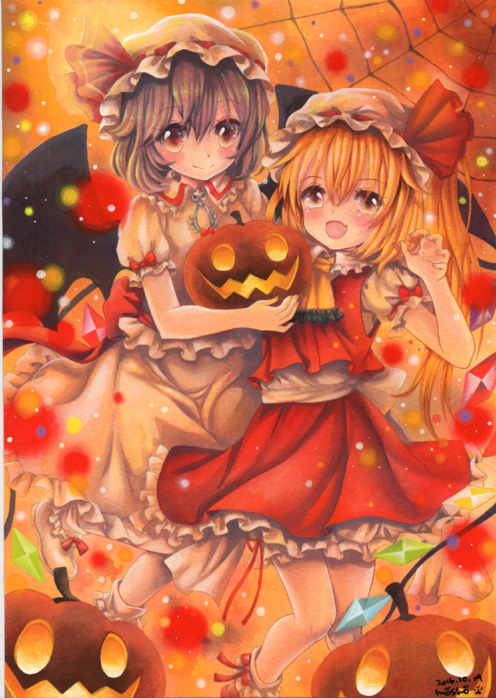 2girls acrylic_paint_(medium) arm_up bat_wings blonde_hair blush brown colored_pencil_(medium) dated fang flandre_scarlet food fruit halloween happy hat holding jack-o'-lantern light_particles looking_at_viewer mob_cap mosho multiple_girls orange_(color) purple_hair remilia_scarlet short_hair signature silk smile spider_web touhou traditional_media wings