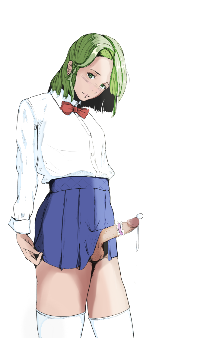 bad_id bad_pixiv_id censored contrapposto cum cum_string diathorn earrings erection frills green_eyes green_hair head_tilt jewelry lips looking_at_viewer male_focus otoko_no_ko penis penis_ribbon pleated_skirt ribbon simple_background skirt solo standing thighhighs white_background