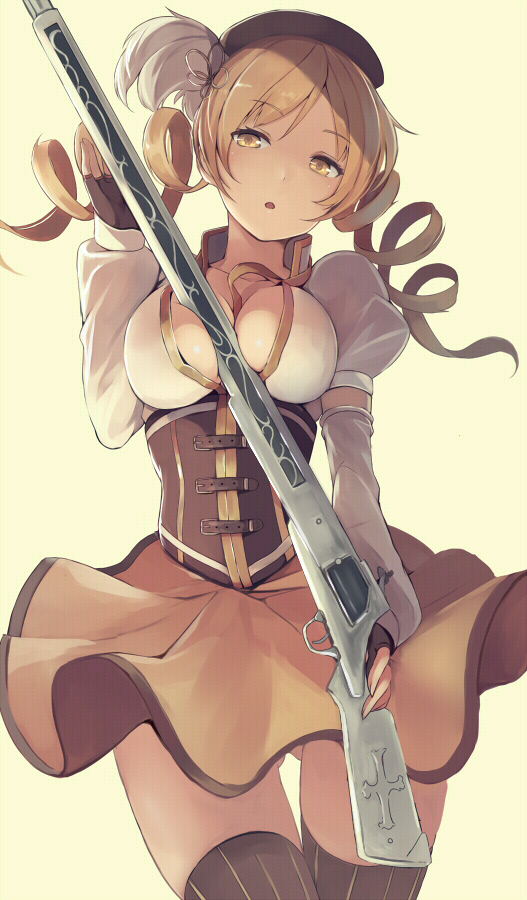 beret between_breasts blonde_hair breasts cleavage corset detached_sleeves drill_hair fingerless_gloves gloves gun hat large_breasts magical_girl magical_musket mahou_shoujo_madoka_magica nakaichi_(ridil) puffy_sleeves simple_background solo striped striped_legwear tomoe_mami twin_drills twintails vertical-striped_legwear vertical_stripes weapon yellow_eyes