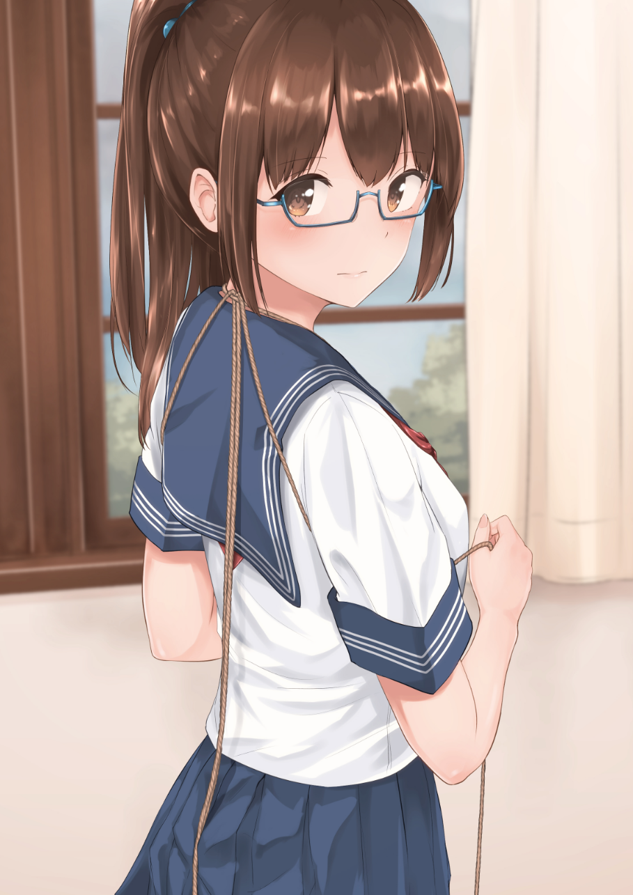 bad_id bad_pixiv_id bangs banned_artist bdsm blue-framed_eyewear blush bondage bound brown_eyes brown_hair commentary_request glasses highres long_hair looking_at_viewer minagiku original pleated_skirt ponytail rope school_uniform semi-rimless_eyewear serafuku shibari shibari_over_clothes short_sleeves sidelocks skirt solo under-rim_eyewear