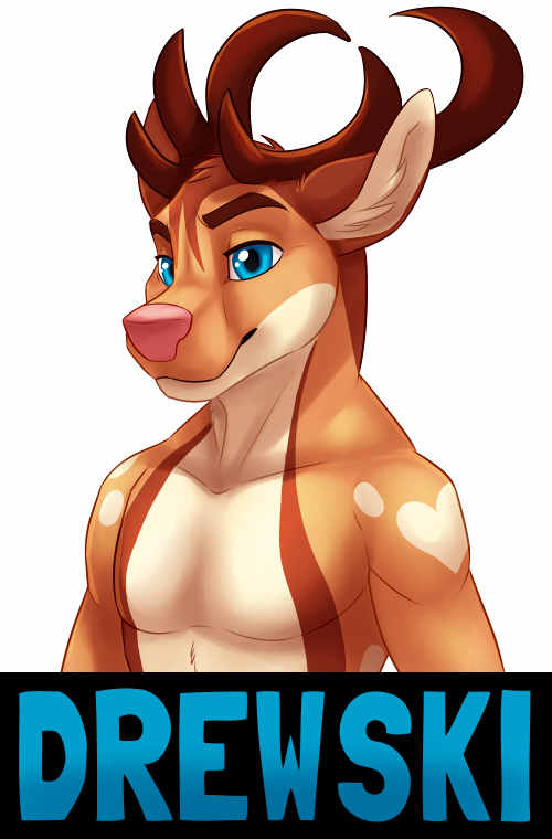 &lt;3 2015 anthro antlers blue_eyes brown_fur brown_horn bust_portrait cervine chibi-marrow deer digital_media_(artwork) drew_(huggabledusky) dusky front_view fur horn inner_ear_fluff male mammal multicolored_fur name_badge nude pink_nose portrait simple_background solo white_background white_fur