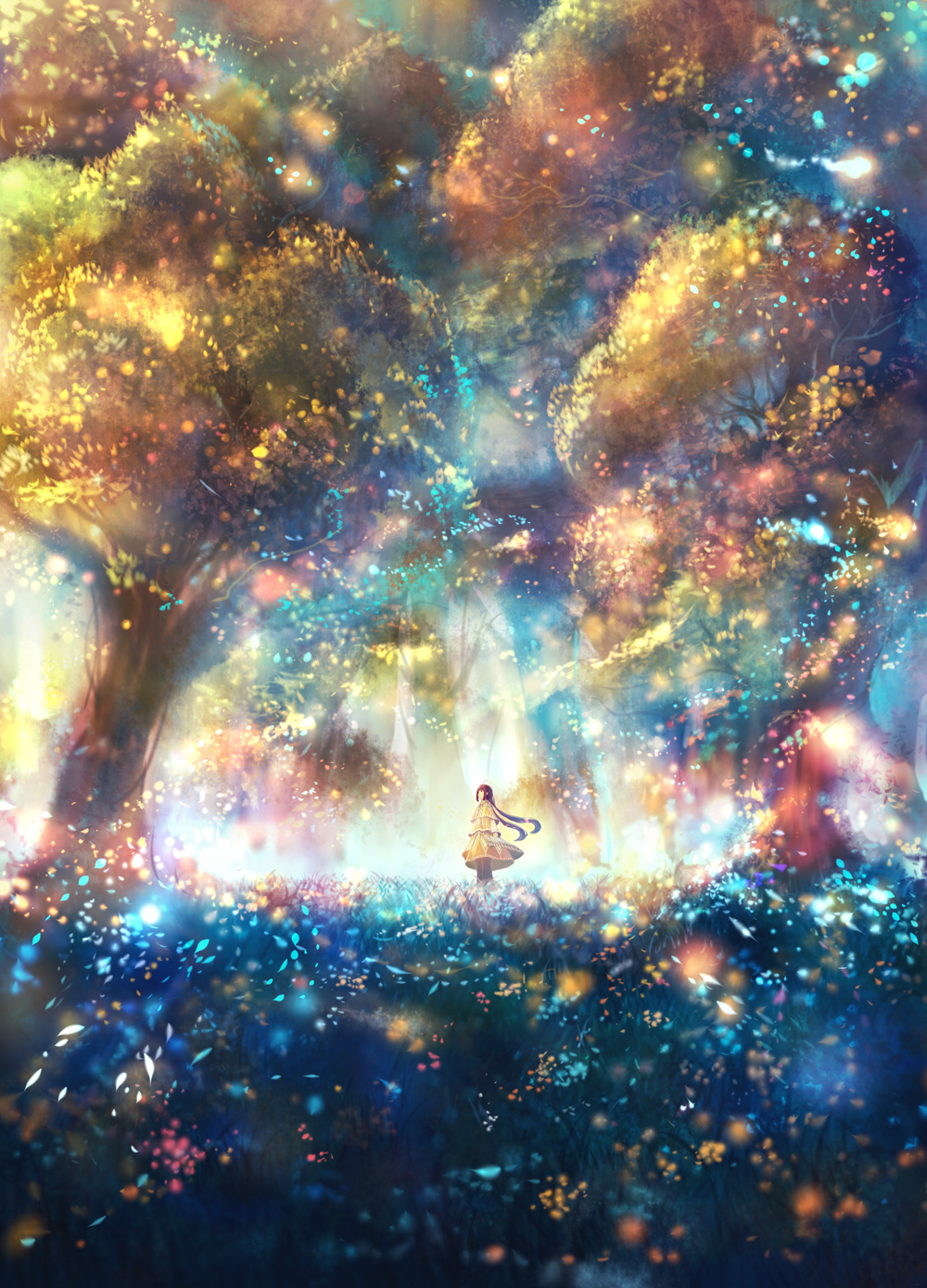 ahoge black_hair black_legwear capelet colorful commentary dress fantasy flower forest grass highres leaf lens_flare light long_hair looking_afar morning nature original outdoors pantyhose petals sakimori_(hououbds) scenery solo tree twintails yellow_dress