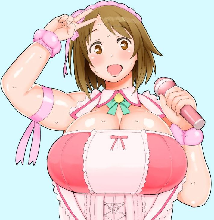 arm_ribbon blush breasts brown_eyes brown_hair cleavage dress headdress huge_breasts idolmaster idolmaster_cinderella_girls microphone mimura_kanako morisoba_(silent_hill) open_mouth pink_ribbon ribbon short_hair smile solo sweat v