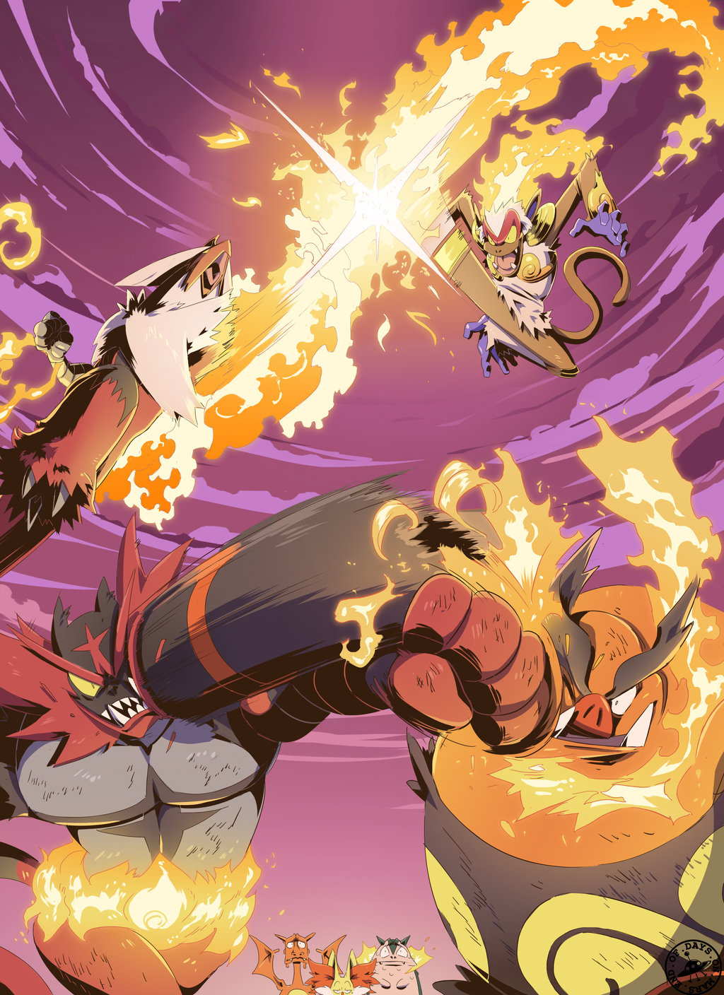 beak blaziken burning_hand charizard clash claws crosscounter delphox dirty duel emboar epic evening face_punch fangs fiery_hair fighting fire flying_kick gen_1_pokemon gen_2_pokemon gen_3_pokemon gen_4_pokemon gen_5_pokemon gen_6_pokemon gen_7_pokemon highres in_the_face incineroar infernape kicking mars_(signsoflifeonmars) mega_blaziken mega_pokemon midair motion_blur muscle no_humans open_mouth pectorals pokemon pokemon_(creature) punching sharp_teeth snout speed_lines tail talons teeth typhlosion uppercut yellow_sclera